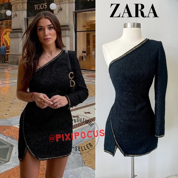 ZARA ASYMMETRIC TEXTURED GOLD BUTTON MINI DRESS BLACK - Picture 1 of 14